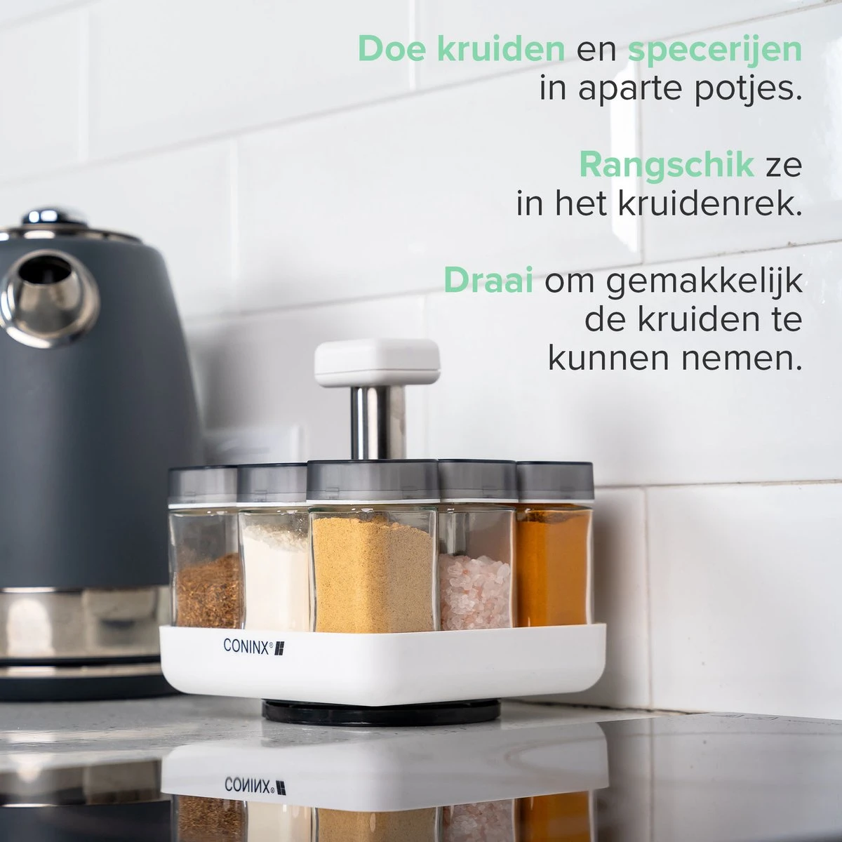 Coninx Kruidenrek Staand - Draaiend Kruidenrek Met Glazen Potjes - Kruidencarrousel Draaibaar - 8 Kruidenpotjes - Wit / RVS 10 Coninx Kruidenrek Staand - Draaiend Kruidenrek Met Glazen Potjes - Kruidencarrousel Draaibaar - 8 Kruidenpotjes - Wit / RVS - Afbeelding 8
