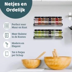 Mmoods Kruidenrek Ophangbaar Zonder Boren - 2 Laags Voor 16 Kruidenpotjes - Speciaal Voor Muur, Wandkast, Kastdeur - Hangende Kruidenorganizer Keuken - Keukenaccessoires -Mepal shop 1200x1200 2039