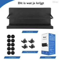 Dieux® - Magnetisch Kruidenrek - Ophangbaar Opbergrek - Keukenrek - Complete Set - Aanrecht Organiser - Badkamerrek - Wandrek - Staal - Zwart - Pasen -Mepal shop 1200x1200 2046