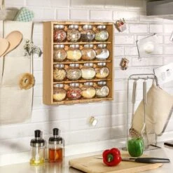 Merkloos Decopatent® Kruidenrekje Ophangbaar - Kruidenrek Inclusief 16 Kruidenpotjes - Bamboe Hout - 4 Laags