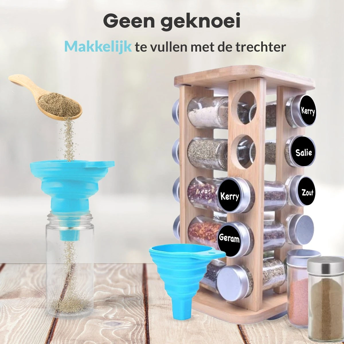 LuZana® Draaibaar Kruidenrek Staand Met Potjes - Bamboe- 20 Kruidenpotjes Met Strooideksel – Incl. Labels, Krijtstift En Trechter 9 LuZana® Draaibaar Kruidenrek Staand Met Potjes - Bamboe- 20 Kruidenpotjes Met Strooideksel – Incl. Labels, Krijtstift En Trechter - Afbeelding 7