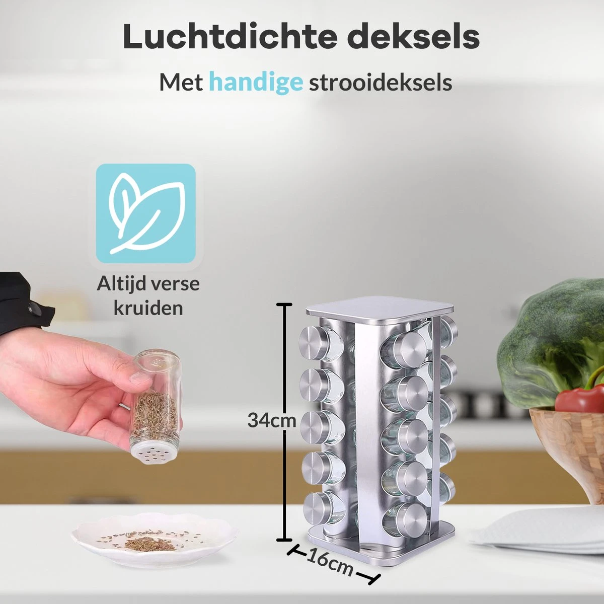 LuZana® Draaibaar Kruidenrek -RVS- Staand Met Potjes - 20 Kruidenpotjes Met Strooideksel – Incl. Labels, Krijtstift En Trechter 5 LuZana® Draaibaar Kruidenrek -RVS- Staand Met Potjes - 20 Kruidenpotjes Met Strooideksel – Incl. Labels, Krijtstift En Trechter - Afbeelding 3