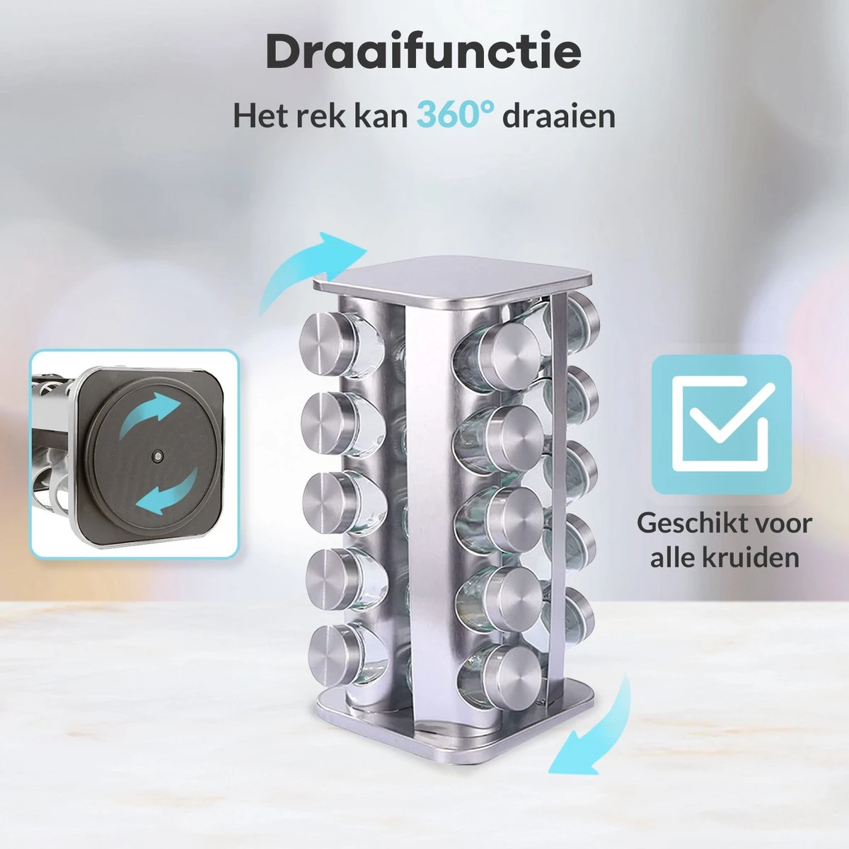 LuZana® Draaibaar Kruidenrek -RVS- Staand Met Potjes - 20 Kruidenpotjes Met Strooideksel – Incl. Labels, Krijtstift En Trechter 9 LuZana® Draaibaar Kruidenrek -RVS- Staand Met Potjes - 20 Kruidenpotjes Met Strooideksel – Incl. Labels, Krijtstift En Trechter - Afbeelding 7