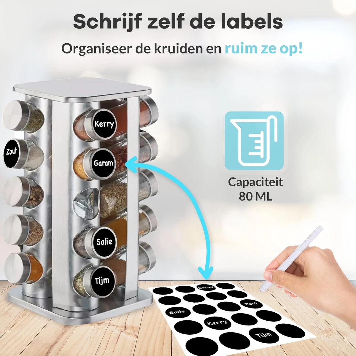 LuZana® Draaibaar Kruidenrek -RVS- Staand Met Potjes - 20 Kruidenpotjes Met Strooideksel – Incl. Labels, Krijtstift En Trechter 10 LuZana® Draaibaar Kruidenrek -RVS- Staand Met Potjes - 20 Kruidenpotjes Met Strooideksel – Incl. Labels, Krijtstift En Trechter - Afbeelding 8