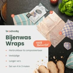 BROODNODIG® - Bijenwas Wraps (Bijenwas Doek) - Set Van 4 - 1S, 2M, 1L - Foodwrap - Beeswax Wraps - Bee Wrap - Beewax - Bijenwasdoek - Zero Waste - Duurzaam Cadeau - Herbruikbaar Boterhamzakje -Mepal shop 1200x1200 2379
