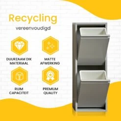 VEEHAUS – Allen - Prullenbak 2 Vakken – Afvalemmer 30 Liter (2x 15L) – Grijs – Hygiënisch Recyclen - 2-vaks Prullenbak Afvalscheiding – Afvalbak Metaal - Afval Scheiden - Prullenbak -Mepal shop 1200x1200 483