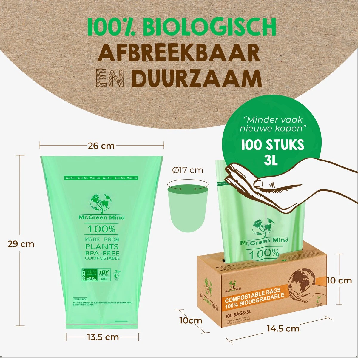 Biozakken 2/3 Liter 100 Stuks Biologisch Afbreekbare Afvalzakken – 26 X 29 Cm - 100% Composteerbare Vuilniszakken - Incl. Dispenser - Gft Afvalzakken 4 Biozakken 2/3 Liter 100 Stuks Biologisch Afbreekbare Afvalzakken – 26 X 29 Cm - 100% Composteerbare Vuilniszakken - Incl. Dispenser - Gft Afvalzakken - Afbeelding 2
