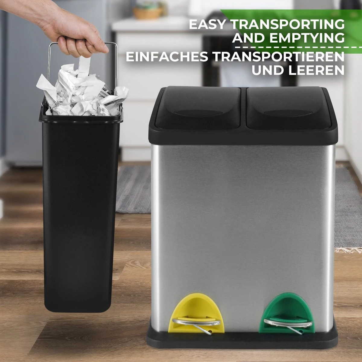 Jago - Vuilnisemmer 16 Liter Met 2 Vakken Van 8 Liter Met Binnenemmers - Prullenbak Voor Afvalscheiding - Pedaalemmer - Prullenbak - RVS 9 Jago - Vuilnisemmer 16 Liter Met 2 Vakken Van 8 Liter Met Binnenemmers - Prullenbak Voor Afvalscheiding - Pedaalemmer - Prullenbak - RVS - Afbeelding 7