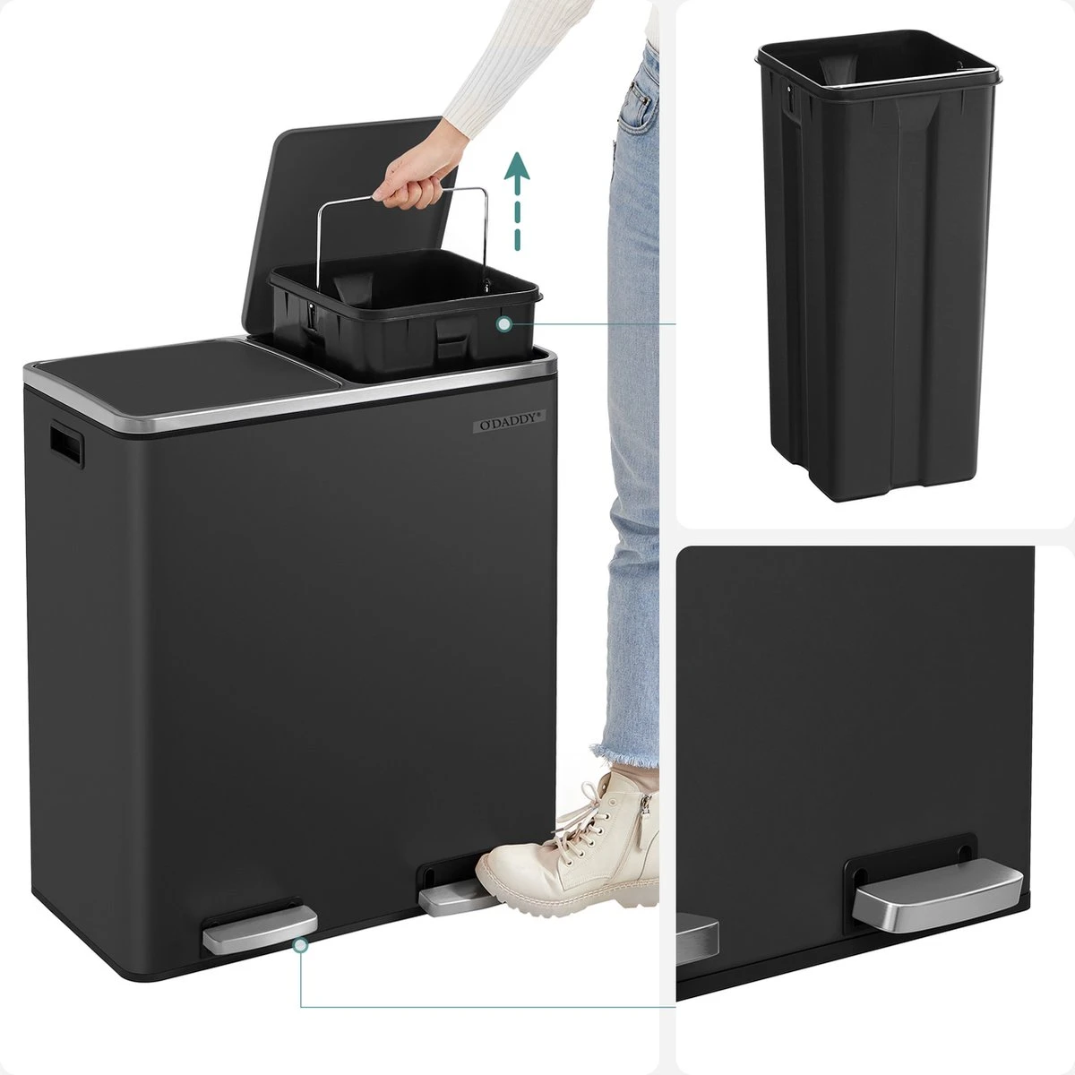 O'DADDY® Prullenbak Afvalscheiding - Vuilnisbak 60L (2x 30L) - Pedaalemmer - 59 X 65 X 32 Cm - Zwart 8 O'DADDY® Prullenbak Afvalscheiding - Vuilnisbak 60L (2x 30L) - Pedaalemmer - 59 X 65 X 32 Cm - Zwart - Afbeelding 6