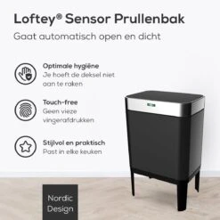 Loftey Sensor Prullenbak 60 Liter – Touch Free Afvalbak - Afvalemmer - Afvalscheiding 2x30L - Keuken - Zwart/RVS -Mepal shop 1200x1200 617