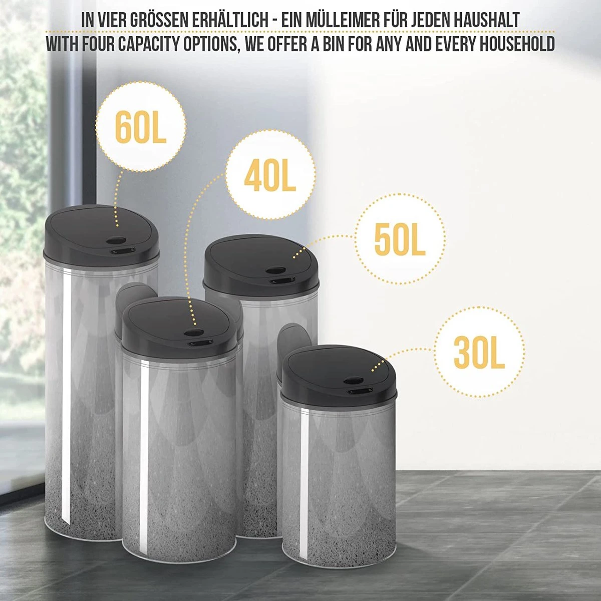 Jago- Vuilnisbak Met Sensor, 60 Liter, Roestvrij Staal, Waterdicht Met Klemring, Automatische Prullenbak, Zilver 7 Jago- Vuilnisbak Met Sensor, 60 Liter, Roestvrij Staal, Waterdicht Met Klemring, Automatische Prullenbak, Zilver - Afbeelding 5