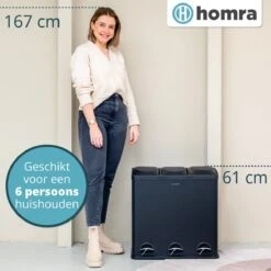 Homra MAXER Pedaalemmer – Prullenbak 3 Vakken – Afvalemmer 60 Liter (3x 20L) – Trio Prullenbak – Zwart - 3-vaks Prullenbak Afvalscheiding – Afvalbak RVS – Hygiënisch Recyclen - Afval Scheiden - Pedaal Prullenbak -Mepal shop 1200x1200 698