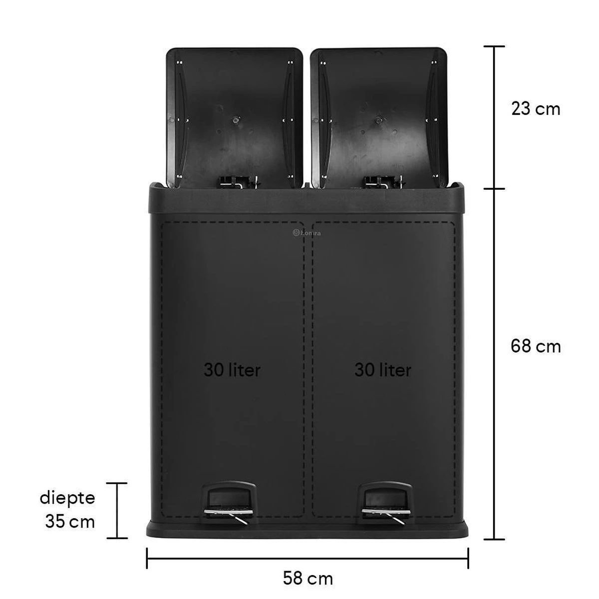 Homra NEVIQ Afvalscheiding Prullenbak Met 2 Vakken - 2 X 30 L Inhoud - Duo Pedaalemmer In Mat Zwart - 2-vaks Afvalemmer 60 Liter - Hoogwaardig RVS - Pedaal Vuilbak - Hygiënisch Afval Scheiden - Zwarte Duo Prullenbak - Dubbele Vuilnisbak 4 Homra NEVIQ Afvalscheiding Prullenbak Met 2 Vakken - 2 X 30 L Inhoud - Duo Pedaalemmer In Mat Zwart - 2-vaks Afvalemmer 60 Liter - Hoogwaardig RVS - Pedaal Vuilbak - Hygiënisch Afval Scheiden - Zwarte Duo Prullenbak - Dubbele Vuilnisbak - Afbeelding 2