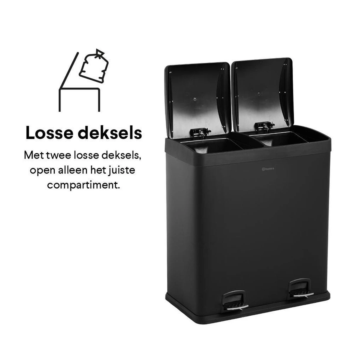 Homra NEVIQ Afvalscheiding Prullenbak Met 2 Vakken - 2 X 30 L Inhoud - Duo Pedaalemmer In Mat Zwart - 2-vaks Afvalemmer 60 Liter - Hoogwaardig RVS - Pedaal Vuilbak - Hygiënisch Afval Scheiden - Zwarte Duo Prullenbak - Dubbele Vuilnisbak 17 Homra NEVIQ Afvalscheiding Prullenbak Met 2 Vakken - 2 X 30 L Inhoud - Duo Pedaalemmer In Mat Zwart - 2-vaks Afvalemmer 60 Liter - Hoogwaardig RVS - Pedaal Vuilbak - Hygiënisch Afval Scheiden - Zwarte Duo Prullenbak - Dubbele Vuilnisbak - Afbeelding 15