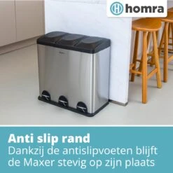 Homra MAXER Pedaalemmer – Prullenbak 3 Vakken – Afvalemmer 60 Liter (3x 20L) – Trio Prullenbak – RVS - 3-vaks Prullenbak Afvalscheiding – Afvalbak RVS – Hygiënisch Recyclen - Afval Scheiden - Pedaal Prullenbak Zilver -Mepal shop 1200x1200 778