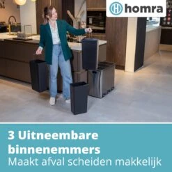 Homra SPARQ Afvalscheiding Prullenbak Met 3 Vakken - 3 X 18 L Inhoud - 54 Liter - RVS - Trio Pedaalemmer - 3-vaks Recycle Afvalemmer - Hygiënisch Afval Scheiden - Vuilbak Zilver - Kantoor Prullenbak - Pedaal Emmer - Afvalscheidingsprullenbak -Mepal shop 1200x1200 825
