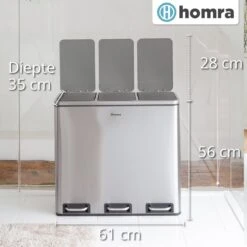 Homra SPARQ Afvalscheiding Prullenbak Met 3 Vakken - 3 X 18 L Inhoud - 54 Liter - RVS - Trio Pedaalemmer - 3-vaks Recycle Afvalemmer - Hygiënisch Afval Scheiden - Vuilbak Zilver - Kantoor Prullenbak - Pedaal Emmer - Afvalscheidingsprullenbak -Mepal shop 1200x1200 826