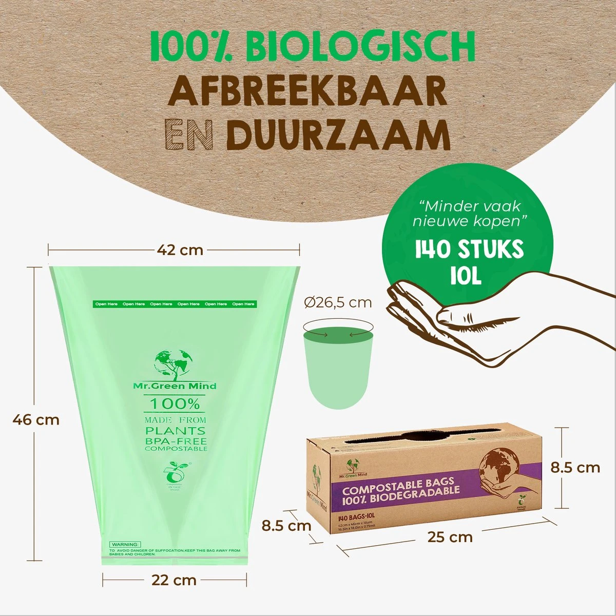 Biozakken 10 Liter 140 Stuks Biologisch Afbreekbare Afvalzakken – 43 X 46 Cm - 100% Composteerbare Vuilniszakken - Incl. Dispenser - Gft Afvalzakken 4 Biozakken 10 Liter 140 Stuks Biologisch Afbreekbare Afvalzakken – 43 X 46 Cm - 100% Composteerbare Vuilniszakken - Incl. Dispenser - Gft Afvalzakken - Afbeelding 2