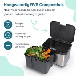 Hoogwaardig RVS Compostbak En Binnenemmer 4.3L - Groenafval - Compost - Afvalbakje Aanrecht - Compostemmer Keuken - Afvalemmer -Mepal shop 1200x1200 932