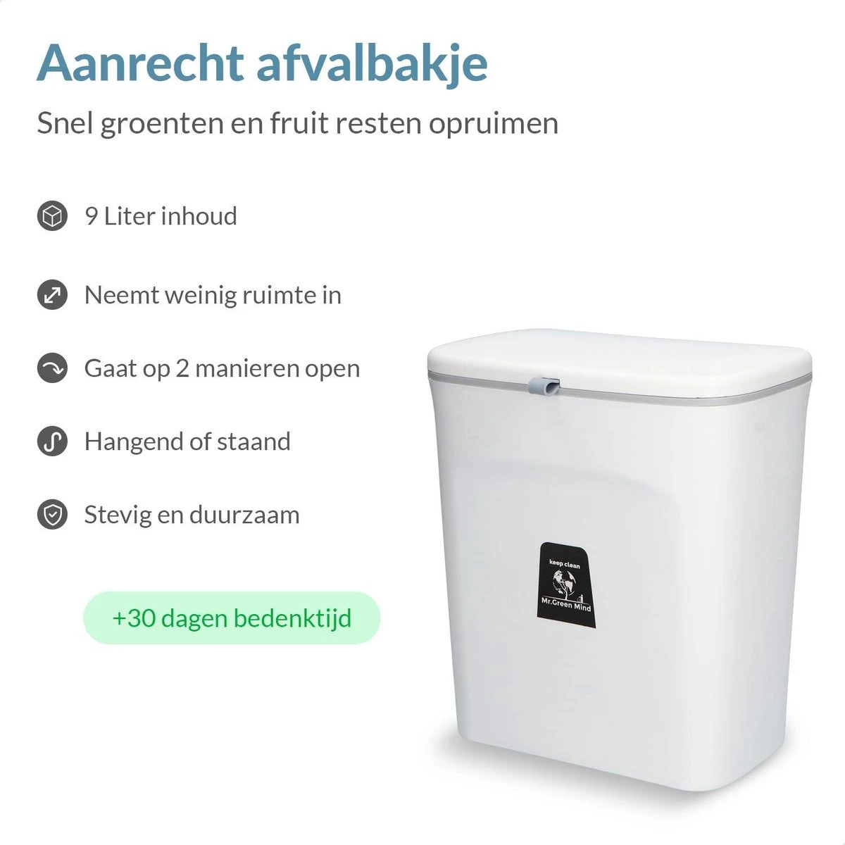 9L Prullenbak – Hangen Of Staan – Aanrecht Afvalbakje – GFT Afvalbak – Wit - Goed Sluitende Deksel - Geen Geur En Fruitvliegen - Afvalscheiding 11 9L Prullenbak – Hangen Of Staan – Aanrecht Afvalbakje – GFT Afvalbak – Wit - Goed Sluitende Deksel - Geen Geur En Fruitvliegen - Afvalscheiding - Afbeelding 9