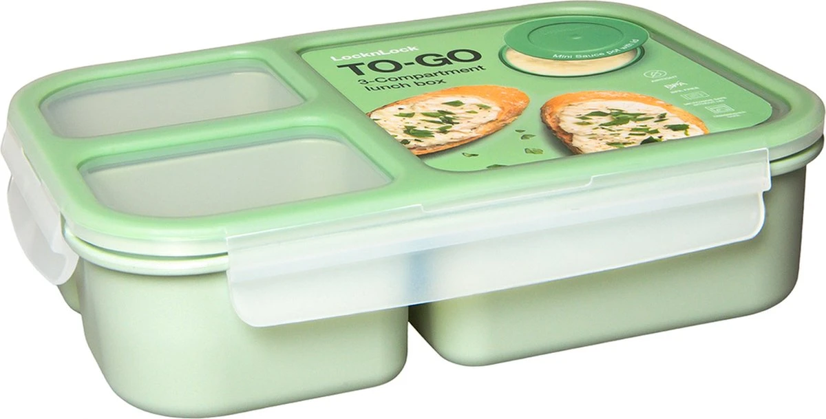 Lock&Lock Lunchbox - Bento Box - Salade Lunchbox - Met 3 Compartimenten - Met Dressing/Saus Bakje - Volwassenen En Kinderen - To Go - Lekvrij - BPA Vrij - 980 Ml - Groen 4 Lock&Lock Lunchbox - Bento Box - Salade Lunchbox - Met 3 Compartimenten - Met Dressing/Saus Bakje - Volwassenen En Kinderen - To Go - Lekvrij - BPA Vrij - 980 Ml - Groen - Afbeelding 2