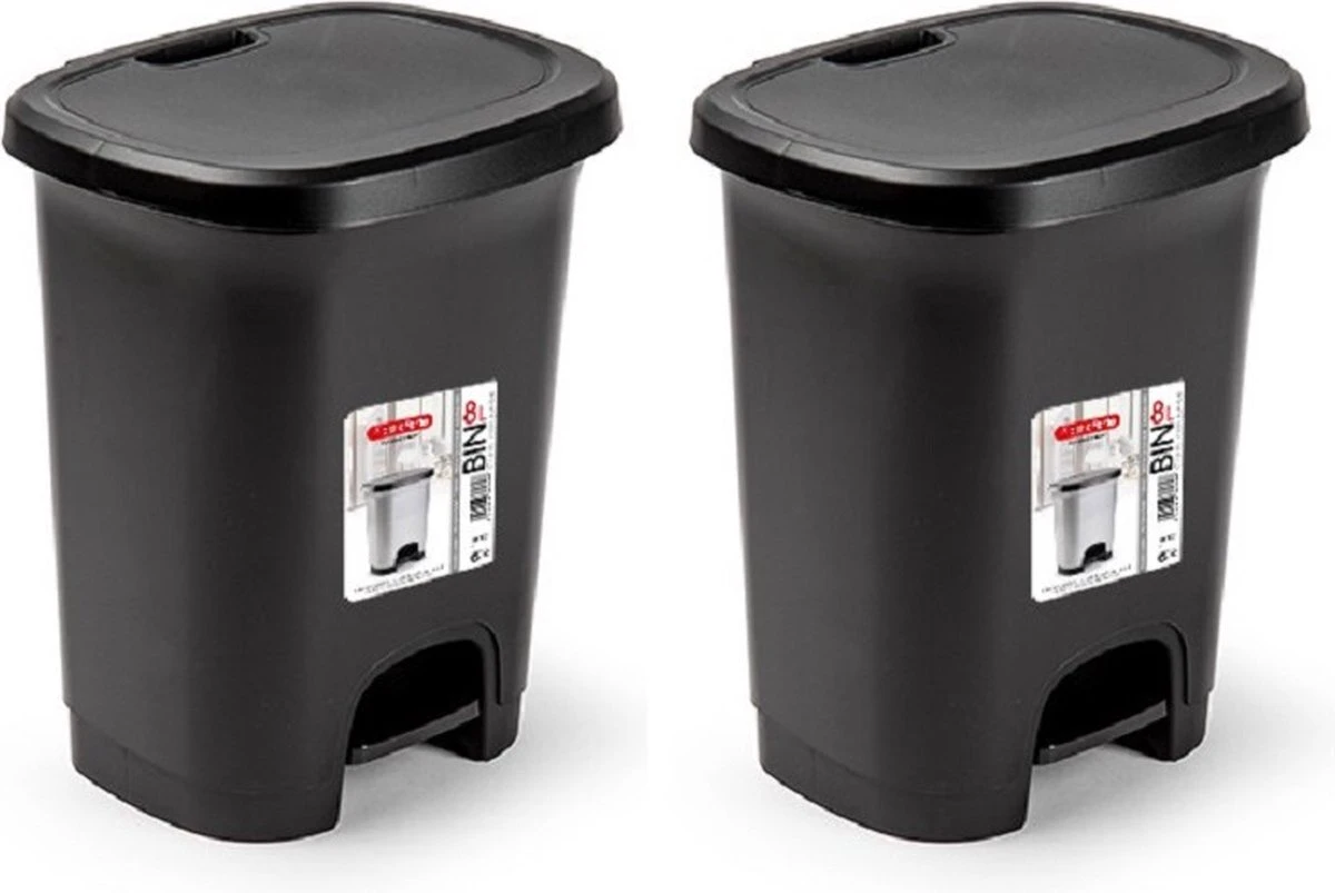 Kunststof Afvalemmers/vuilnisemmers/pedaalemmers In Het Zwart Van 8 Liter Met Deksel En Pedaal - 25 X 21 X 30 Cm 4 Kunststof Afvalemmers/vuilnisemmers/pedaalemmers In Het Zwart Van 8 Liter Met Deksel En Pedaal - 25 X 21 X 30 Cm - Afbeelding 2