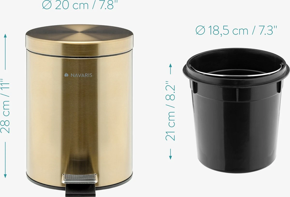 Navaris Badkamer Pedaalemmer 5 Liter - Badkamerprullenbak Met Deksel En Uitneembare Emmer Voor Badkamer, Toilet, Keuken - Metallic Goudkleurig 9 Navaris Badkamer Pedaalemmer 5 Liter - Badkamerprullenbak Met Deksel En Uitneembare Emmer Voor Badkamer, Toilet, Keuken - Metallic Goudkleurig - Afbeelding 7