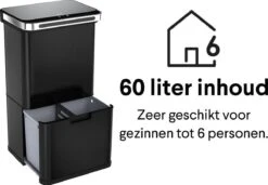 Homra DEXER Afvalscheiding Prullenbak - 4 Vakken - 60 Liter (2×18L + 2×12L) - Recycle Sensor Prullenbak - RVS Afvalemmer - Afvalscheidingsprullenbak - Design Keuken Afvalemmer - Automatische Lucht- En Bacterie Filter - Soft Close Deksel – Kleur Zwart -Mepal shop 1200x831 1