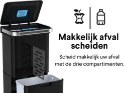 Homra DEXER Afvalscheiding Prullenbak - 4 Vakken - 60 Liter (2×18L + 2×12L) - Recycle Sensor Prullenbak - RVS Afvalemmer - Afvalscheidingsprullenbak - Design Keuken Afvalemmer - Automatische Lucht- En Bacterie Filter - Soft Close Deksel – Kleur Zwart -Mepal shop 1200x899 77