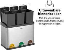 Homra STEPHS Afvalscheiding Prullenbak Met 3 Vakken - 3 X 15L Inhoud - Trio Pedaalemmer - 45 Liter - Vingerafdrukvrij - Vuilafstotend - Anti-slip - Hoogwaardig RVS - Duurzaam ABS Kunststof - RVS - Hygiënisch Recyclen - Afvalscheidingsprullenbak -Mepal shop 1200x942