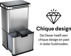 Homra DEXER Afvalscheiding Prullenbak - 4 Vakken - 60 Liter (2×18L + 2×12L) - Recycle Sensor Prullenbak - RVS Afvalemmer - Afvalscheidingsprullenbak - Design Keuken Afvalemmer - Automatische Lucht- En Bacterie Filter - Soft Close Deksel – Kleur RVS -Mepal shop 1200x945