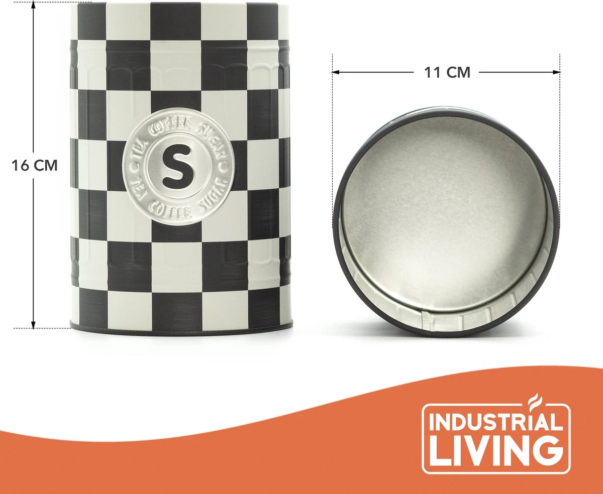 Industrial Living Voorraadblikken – Voorraadbussen Koffie Thee Suiker – Bewaarblik – Checkerboard – Voorraadpot Geblokt Voor Koek – Metaal - Set Van 3 – Zwart - Wit 4 Industrial Living Voorraadblikken – Voorraadbussen Koffie Thee Suiker – Bewaarblik – Checkerboard – Voorraadpot Geblokt Voor Koek – Metaal - Set Van 3 – Zwart - Wit - Afbeelding 2