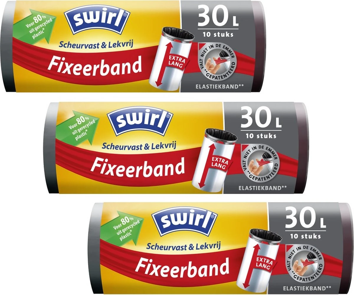 Swirl® Pedaalemmerzakken Met Elastische Fixeerband 30ltr - ♻️ 80 % Gerecycled Materiaal - 3 Rollen Van 10 Stuks 3 Swirl® Pedaalemmerzakken Met Elastische Fixeerband 30ltr - ♻️ 80 % Gerecycled Materiaal - 3 Rollen Van 10 Stuks