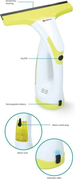 Alpina Elektrische Ramenwasser - Ruitenreiniger 635GR - Oplaadbare Raamtrekker - 3,7V Lithiumbatterij - Batterijduur 30 Minuten - 70ML Waterreservoir - Wit/Geel -Mepal shop 502x1200