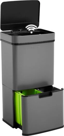 Nexo Prullenbak Afvalscheiding 3 Vakken - 72 Liter (2x12+48L) Met Infrarood Sensor - Design Trio Afvalemmer RVS - Grijs - Afvalscheidingsprullenbak - Keuken Afvalemmer - Grijze Recycle Afvalbak - Hygiënisch - Kantoor Vuilbak - Elektrisch - Vuilnisbak