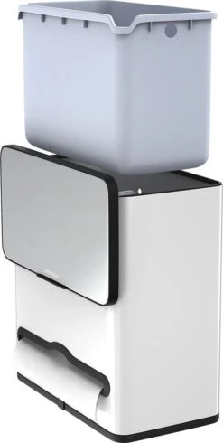 Stangvollby Vallvik Prullenbak – 4 Liter – Keukenrol Dispenser – Wit – RVS - Ophangbare Vuilbak - Afvalscheiding - Uitneembare Binnenemmer – Inbouw Vuilnisbak – Keuken Afvalemmer – Ruimtebesparend – Staand - Ophangen – Keukenrol Houder – GFT Bakje -Mepal shop 605x1200