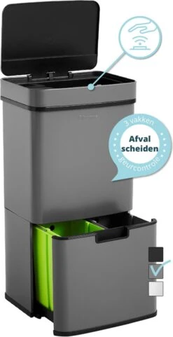 Nexo Prullenbak Afvalscheiding 3 Vakken - 72 Liter (2x12+48L) Met Infrarood Sensor - Design Trio Afvalemmer RVS - Grijs - Afvalscheidingsprullenbak - Keuken Afvalemmer - Grijze Recycle Afvalbak - Hygiënisch - Kantoor Vuilbak - Elektrisch - Vuilnisbak -Mepal shop 616x1200 2