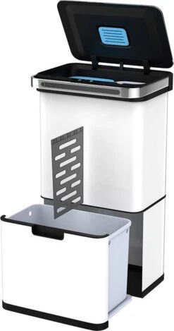 Homra DEXER Afvalscheiding Prullenbak - 4 Vakken - 60 Liter (2×18L + 2×12L) - Recycle Sensor Prullenbak - RVS Afvalemmer - Afvalscheidingsprullenbak - Design Keuken Afvalemmer - Automatische Lucht- En Bacterie Filter - Soft Close Deksel – Kleur Wit -Mepal shop 632x1200 1