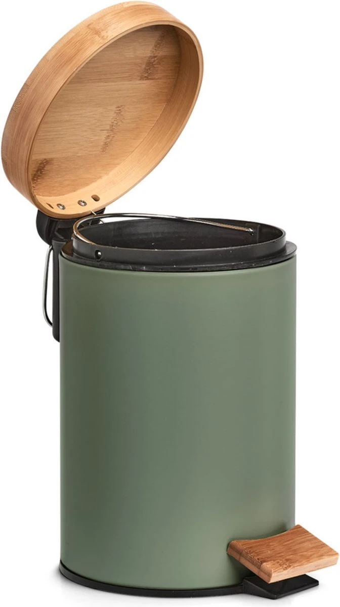 Zeller Prullenbak/pedaalemmer - Metaal - Bamboe Hout - 3L - Salie Groen 6 Zeller Prullenbak/pedaalemmer - Metaal - Bamboe Hout - 3L - Salie Groen - Afbeelding 4