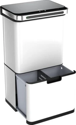 Homra DEXER Afvalscheiding Prullenbak - 4 Vakken - 60 Liter (2×18L + 2×12L) - Recycle Sensor Prullenbak - RVS Afvalemmer - Afvalscheidingsprullenbak - Design Keuken Afvalemmer - Automatische Lucht- En Bacterie Filter - Soft Close Deksel – Kleur Wit