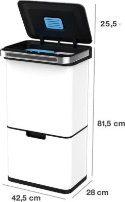 Homra DEXER Afvalscheiding Prullenbak - 4 Vakken - 60 Liter (2×18L + 2×12L) - Recycle Sensor Prullenbak - RVS Afvalemmer - Afvalscheidingsprullenbak - Design Keuken Afvalemmer - Automatische Lucht- En Bacterie Filter - Soft Close Deksel – Kleur Wit -Mepal shop 742x1200 1