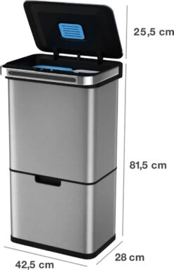 Homra DEXER Afvalscheiding Prullenbak - 4 Vakken - 60 Liter (2×18L + 2×12L) - Recycle Sensor Prullenbak - RVS Afvalemmer - Afvalscheidingsprullenbak - Design Keuken Afvalemmer - Automatische Lucht- En Bacterie Filter - Soft Close Deksel – Kleur RVS -Mepal shop 776x1200 1