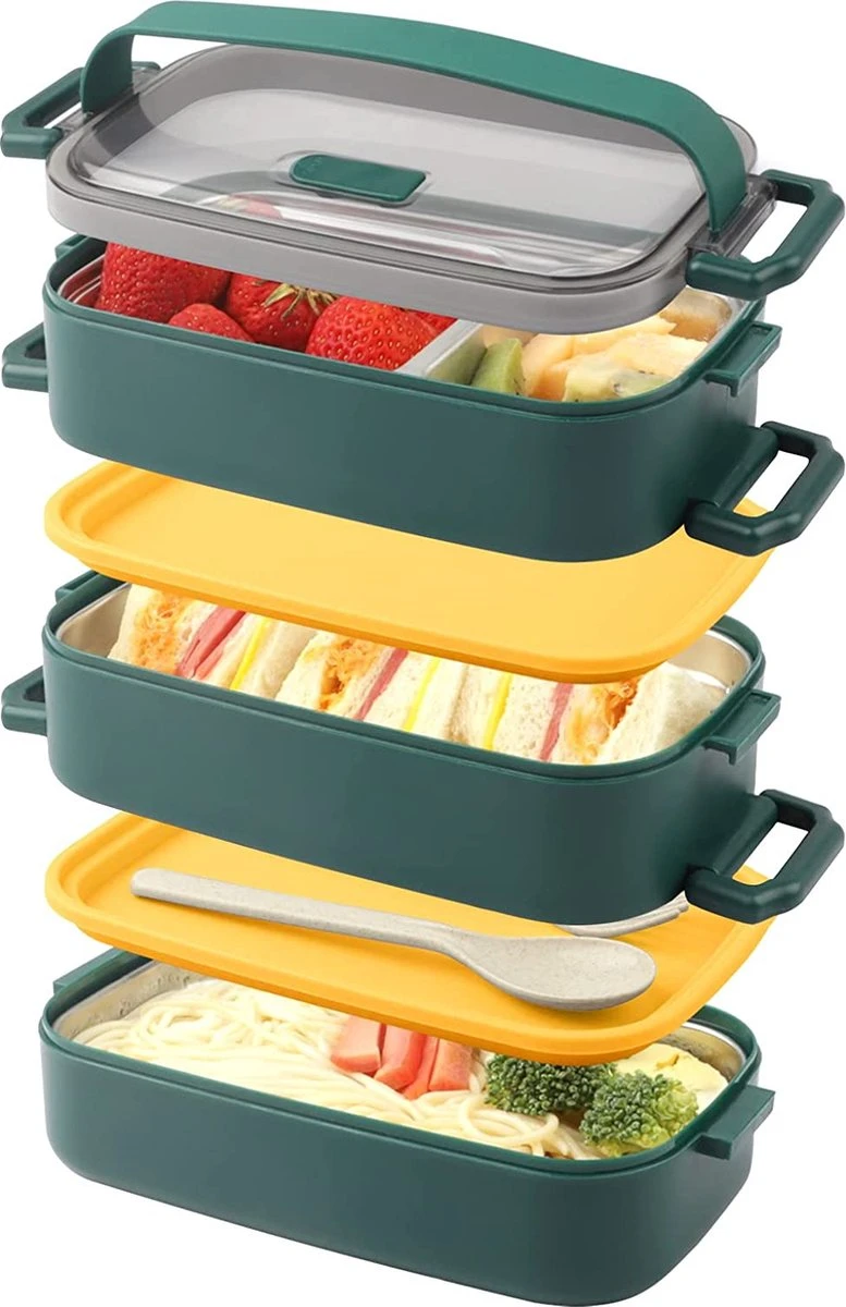 Lunchbox, Bento Box Voor Volwassenen Kinderen, Kinderlunchbox Met Compartimenten, 3-laags Lekvrije Bento-lunchbox Met Vork, Lepel, Geschikt Voor Lunchbox Voor Werk, Kantoor, School (2,25L Groen) 3 Lunchbox, Bento Box Voor Volwassenen Kinderen, Kinderlunchbox Met Compartimenten, 3-laags Lekvrije Bento-lunchbox Met Vork, Lepel, Geschikt Voor Lunchbox Voor Werk, Kantoor, School (2,25L Groen)