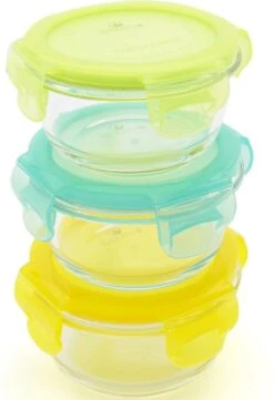 KOOLECO 3 Glazen Vershoudbakjes Met Deksel 210ml - Blauw Geel Groen Rond