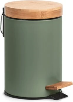 Zeller Prullenbak/pedaalemmer - Metaal - Bamboe Hout - 3L - Salie Groen