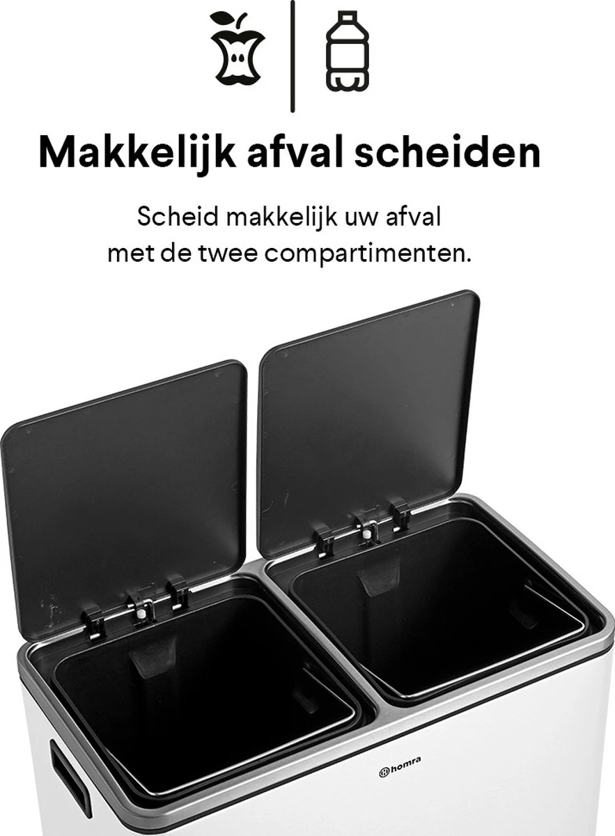 Afvalscheidingsprullenbak 2 Vakken Wit – 60 L (2x30 Liter) Pedaalemmer Homra QUICKX – Design Duo Afvalemmer RVS - Afval Scheiden - Recycle Afvalbak - Hygiënisch Pedaal - Dubbele Vuilnisbak - Keuken Vuilbak - Kantoor Prullenbak 5 Afvalscheidingsprullenbak 2 Vakken Wit – 60 L (2x30 Liter) Pedaalemmer Homra QUICKX – Design Duo Afvalemmer RVS - Afval Scheiden - Recycle Afvalbak - Hygiënisch Pedaal - Dubbele Vuilnisbak - Keuken Vuilbak - Kantoor Prullenbak - Afbeelding 3