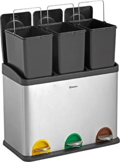 Homra STEPHS Afvalscheiding Prullenbak Met 3 Vakken - 3 X 15L Inhoud - Trio Pedaalemmer - 45 Liter - Vingerafdrukvrij - Vuilafstotend - Anti-slip - Hoogwaardig RVS - Duurzaam ABS Kunststof - RVS - Hygiënisch Recyclen - Afvalscheidingsprullenbak