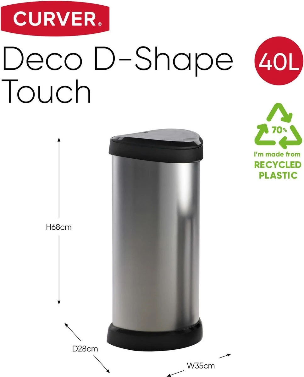 Curver Decobin Push Prullenbak - 40L - Metallic - Recycled Kunststof 4 Curver Decobin Push Prullenbak - 40L - Metallic - Recycled Kunststof - Afbeelding 2