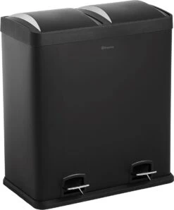Homra NEVIQ Afvalscheiding Prullenbak Met 2 Vakken - 2 X 30 L Inhoud - Duo Pedaalemmer In Mat Zwart - 2-vaks Afvalemmer 60 Liter - Hoogwaardig RVS - Pedaal Vuilbak - Hygiënisch Afval Scheiden - Zwarte Duo Prullenbak - Dubbele Vuilnisbak